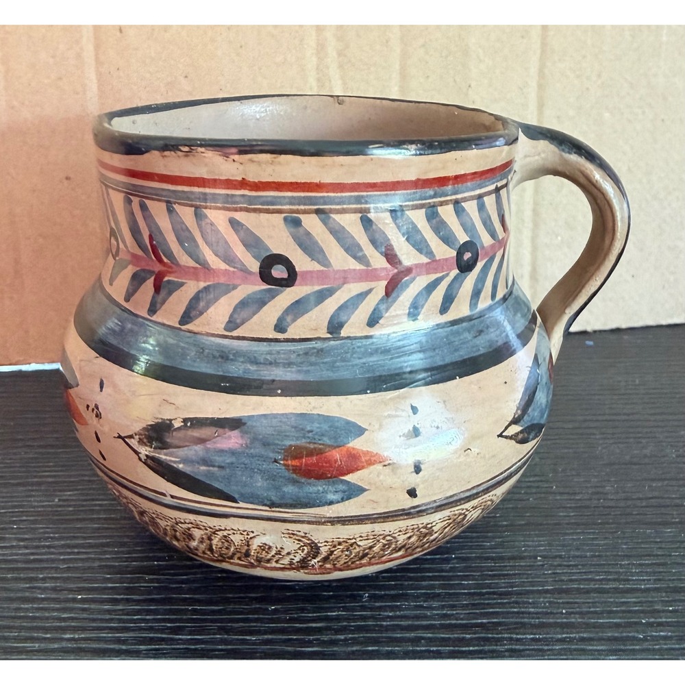 Vintage Tonala Mexican Pottery Pitcher Hand Painted Folk Art E.C. Signed Mug